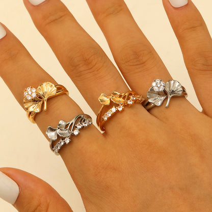 Eleganter Ginkgo-Blatt Ring - Verstellbar mit Diamanten besetzt
