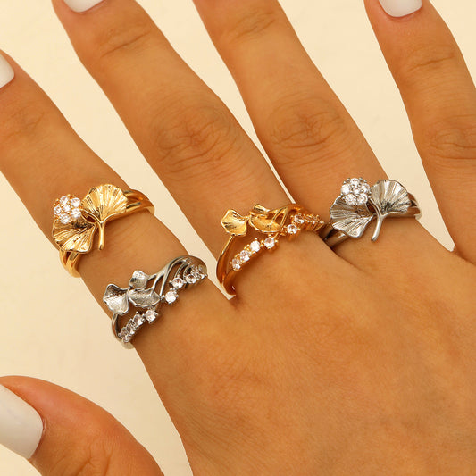 Eleganter Ginkgo-Blatt Ring - Verstellbar mit Diamanten besetzt