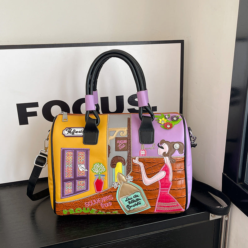 Premium Boston Bag mit Stickerei und Patchwork-Design - Große Kapazität