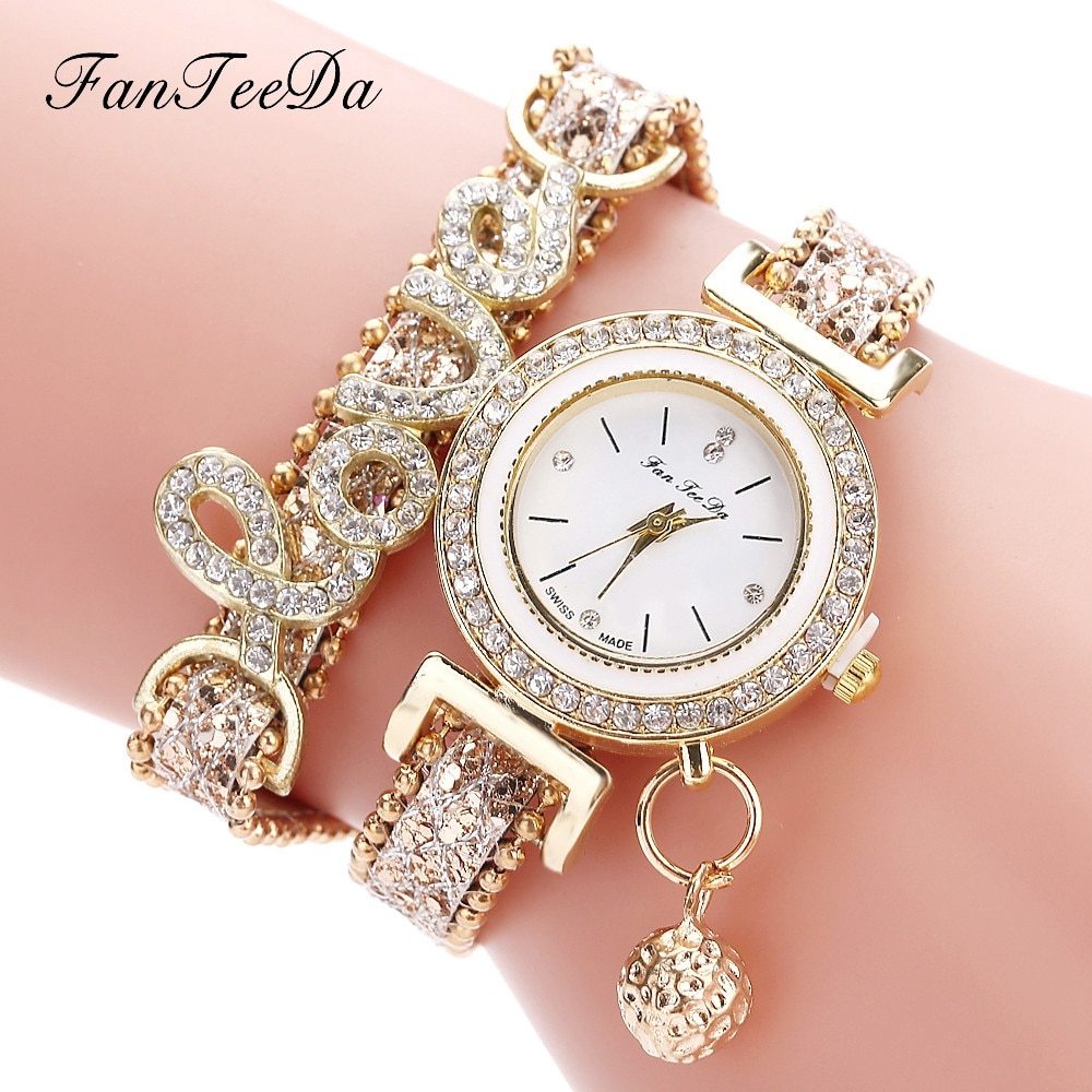 FanTeeDa Damen Armbanduhr mit Strass Schmuck