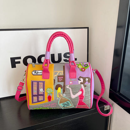 Premium Boston Bag mit Stickerei und Patchwork-Design - Große Kapazität