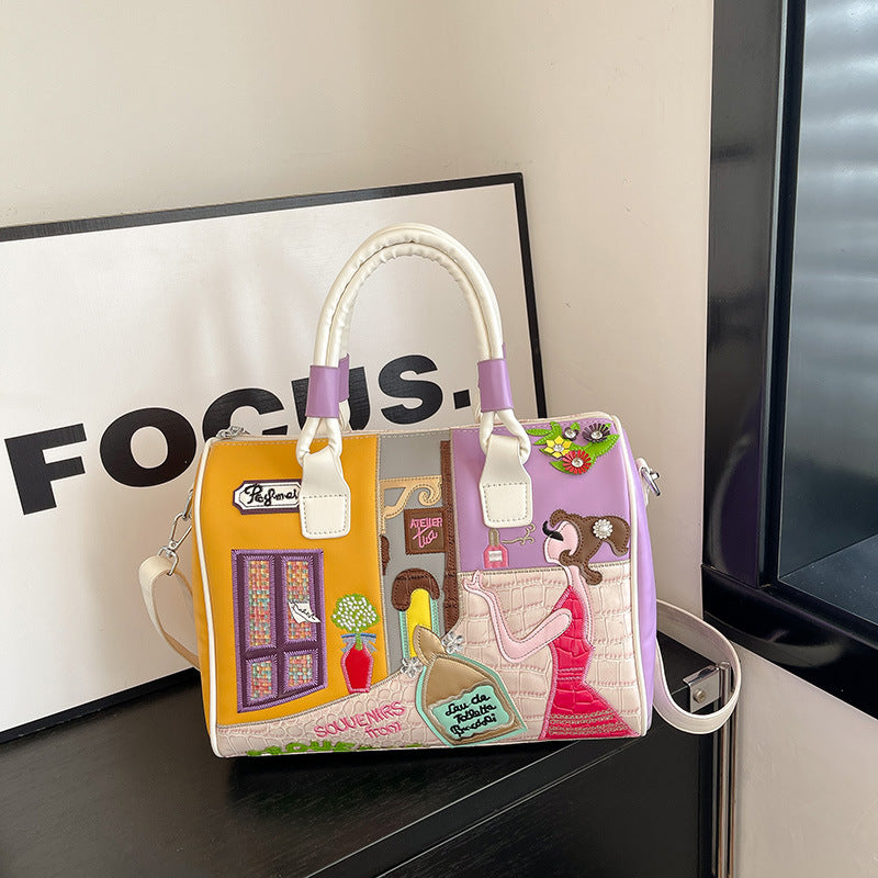 Premium Boston Bag mit Stickerei und Patchwork-Design - Große Kapazität