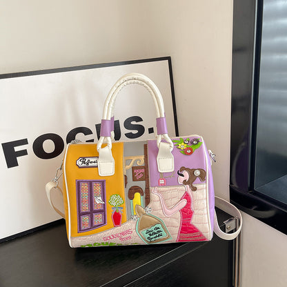 Premium Boston Bag mit Stickerei und Patchwork-Design - Große Kapazität
