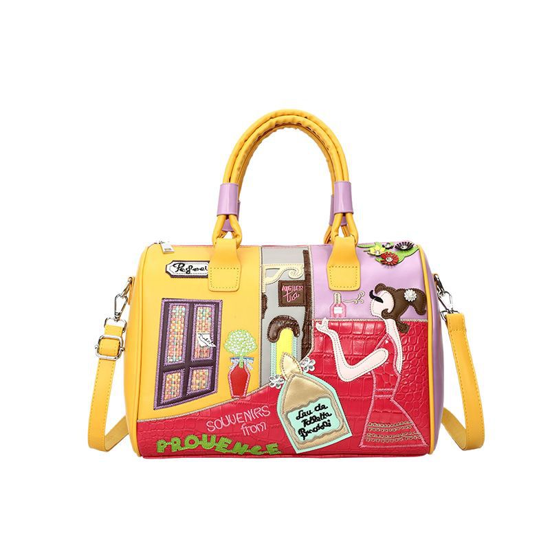 Premium Boston Bag mit Stickerei und Patchwork-Design - Große Kapazität