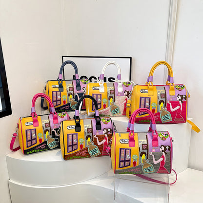 Premium Boston Bag mit Stickerei und Patchwork-Design - Große Kapazität
