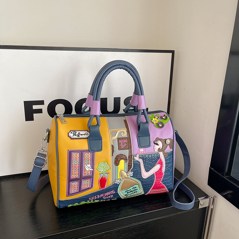 Premium Boston Bag mit Stickerei und Patchwork-Design - Große Kapazität