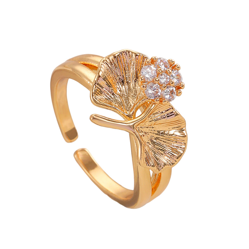 Eleganter Ginkgo-Blatt Ring - Verstellbar mit Diamanten besetzt