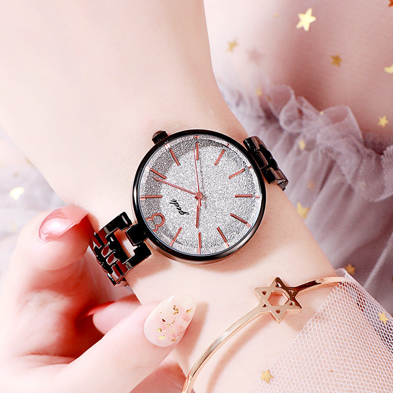 Trendige Damen Armbanduhr mit Sternenhimmel-Design und Stahlarmband