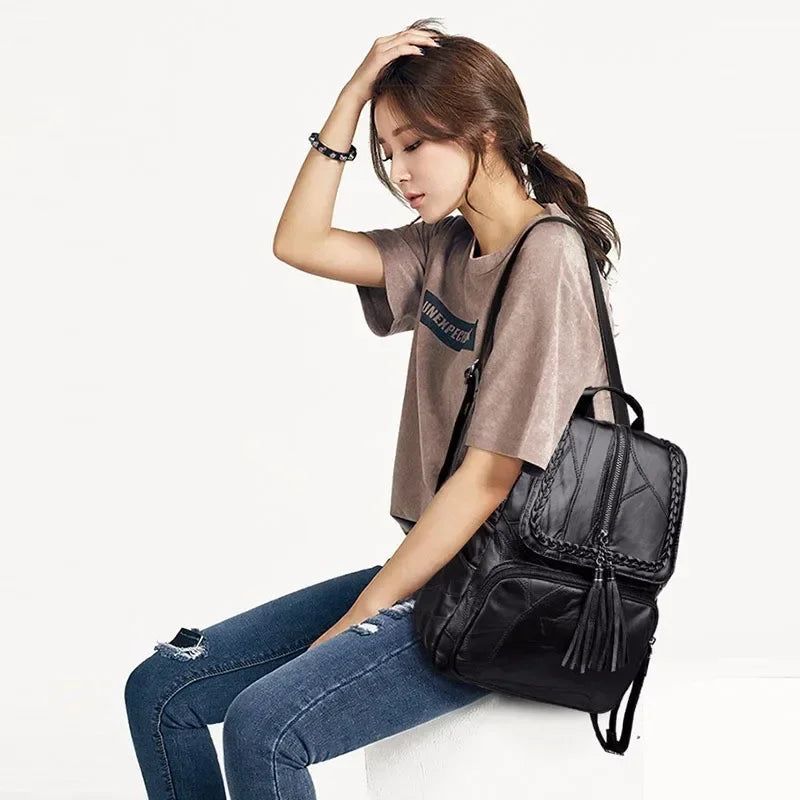 Leder Rucksack Damen – Fashion Schulterrucksack Schwarz