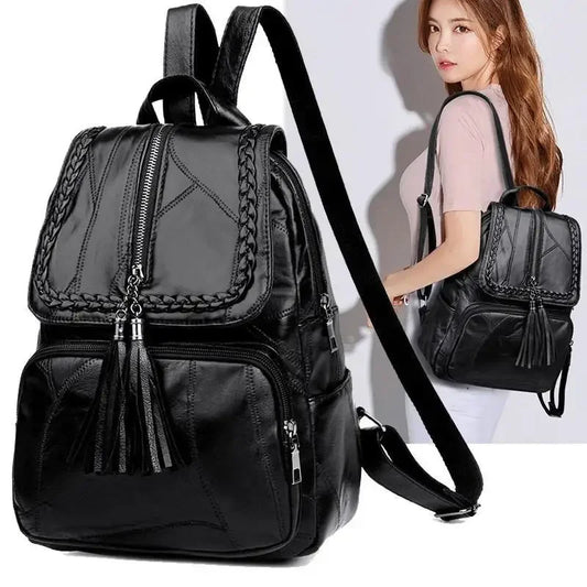 Leder Rucksack Damen – Fashion Schulterrucksack Schwarz