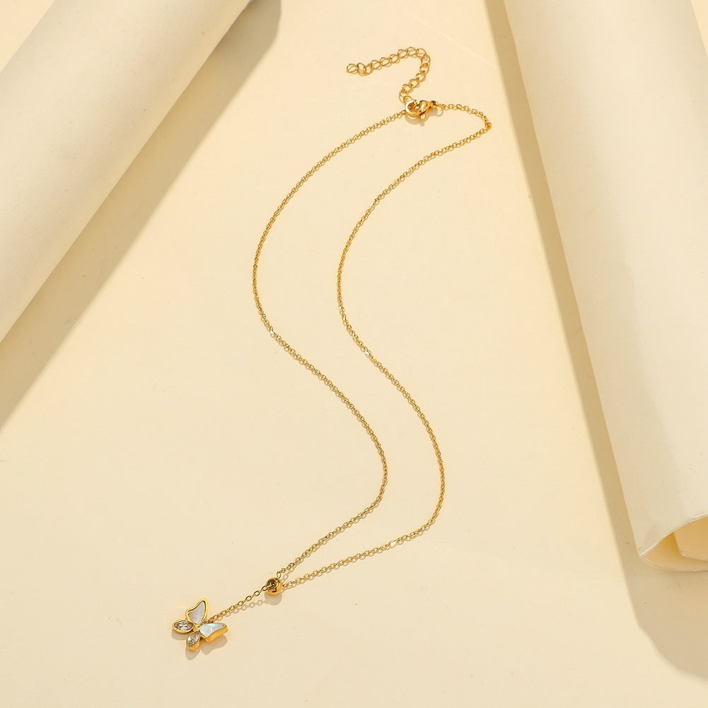 Ins French Style Fairy Butterfly Shell Pendant Simple Stainless Steel Adjustable Sweet Elegance Colorful Butterfly Short Necklace