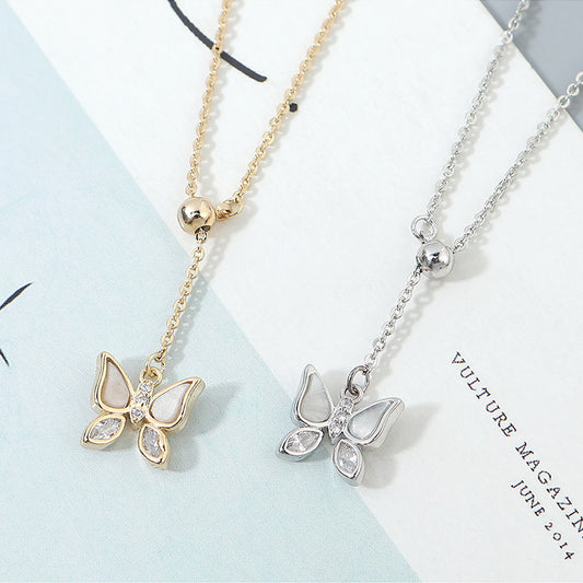 Ins French Style Fairy Butterfly Shell Pendant Simple Stainless Steel Adjustable Sweet Elegance Colorful Butterfly Short Necklace