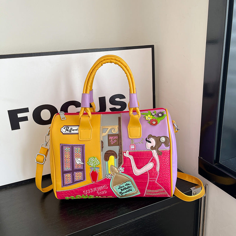Premium Boston Bag mit Stickerei und Patchwork-Design - Große Kapazität