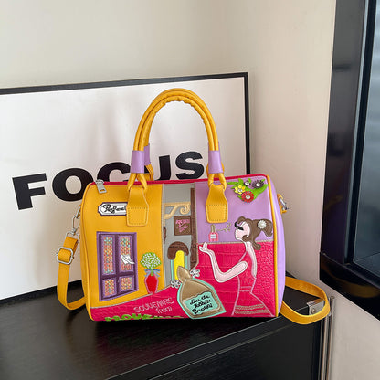 Premium Boston Bag mit Stickerei und Patchwork-Design - Große Kapazität