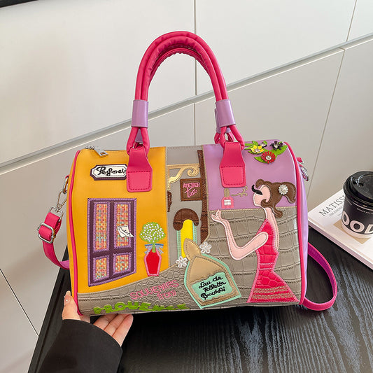 Premium Boston Bag mit Stickerei und Patchwork-Design - Große Kapazität