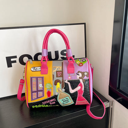 Premium Boston Bag mit Stickerei und Patchwork-Design - Große Kapazität